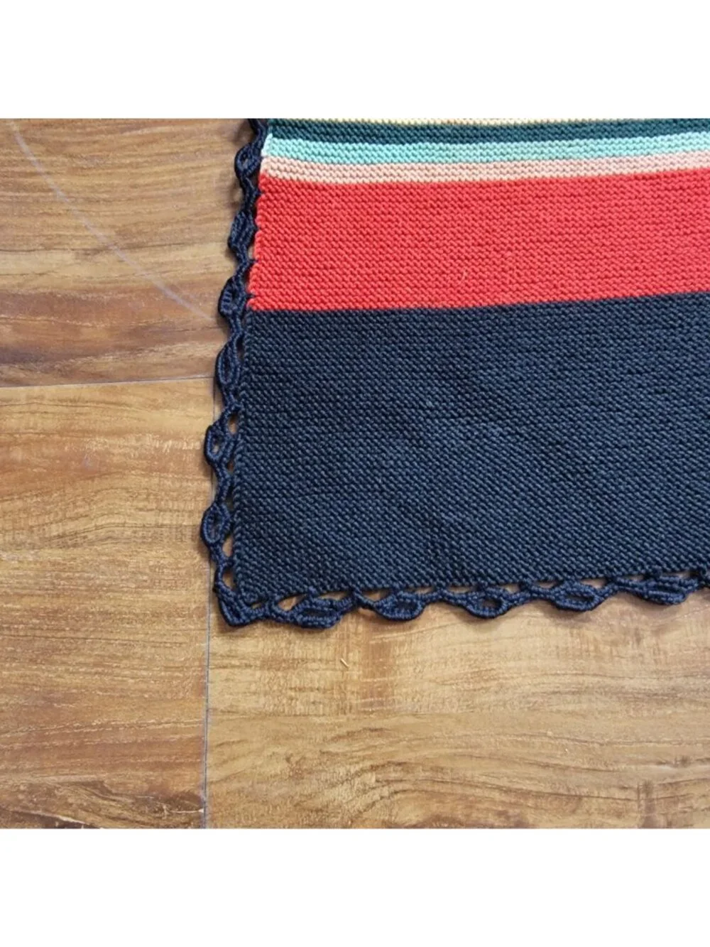 Vintage Mexican Woven Serape Blanket Multicolor Striped With Black Crochet Trim